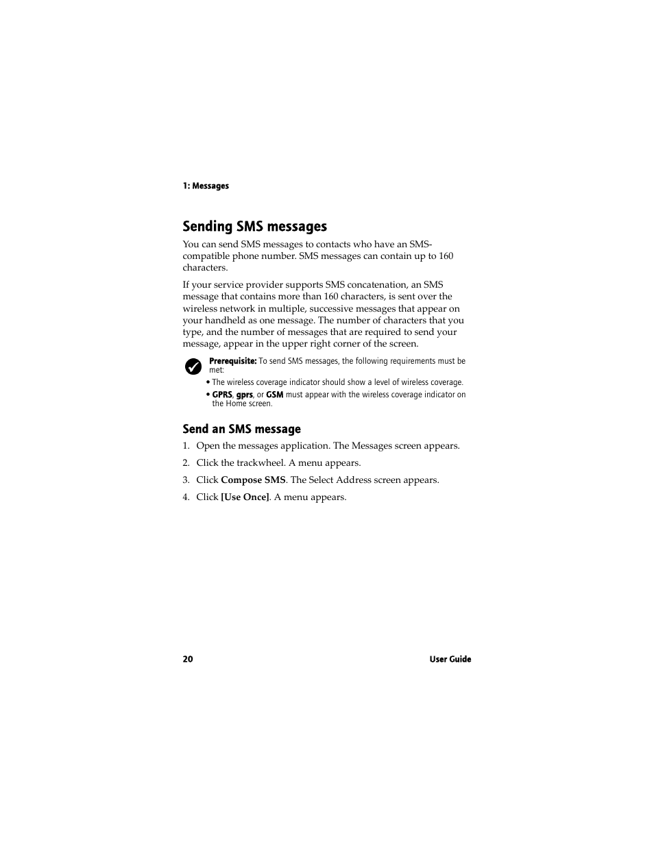 Sending sms messages, Send an sms message | Blackberry 7780 User Manual | Page 20 / 154