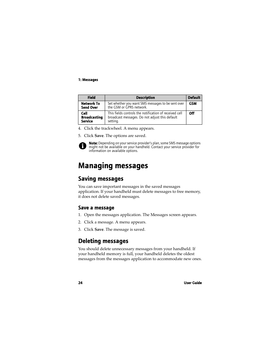 Managing messages, Saving messages, Deleting messages | Save a message | Blackberry 7780 User Manual | Page 24 / 154