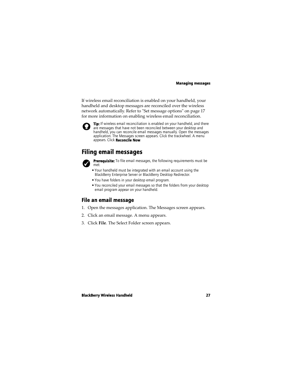 Filing email messages, File an email message | Blackberry 7780 User Manual | Page 27 / 154