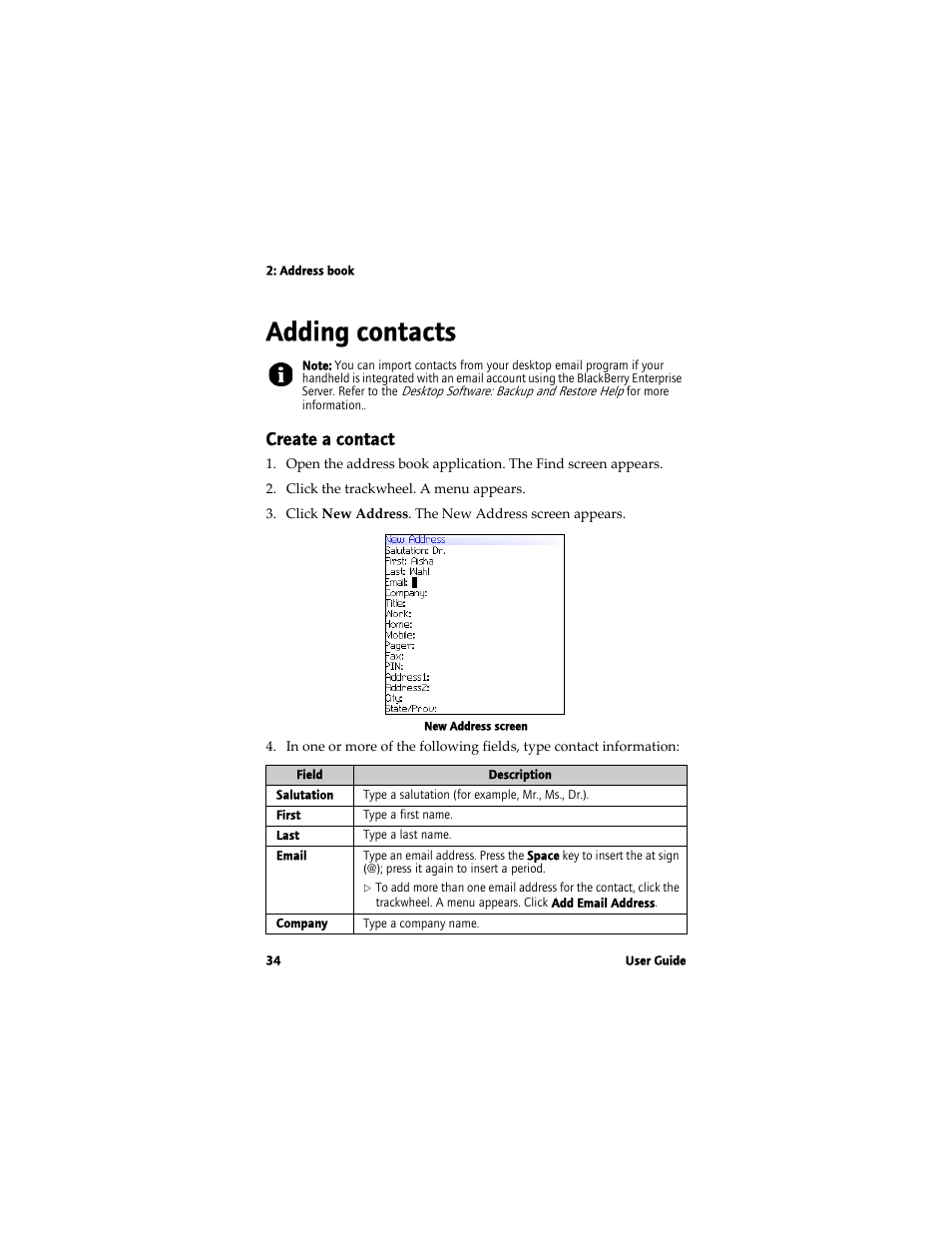 Adding contacts, Create a contact | Blackberry 7780 User Manual | Page 34 / 154