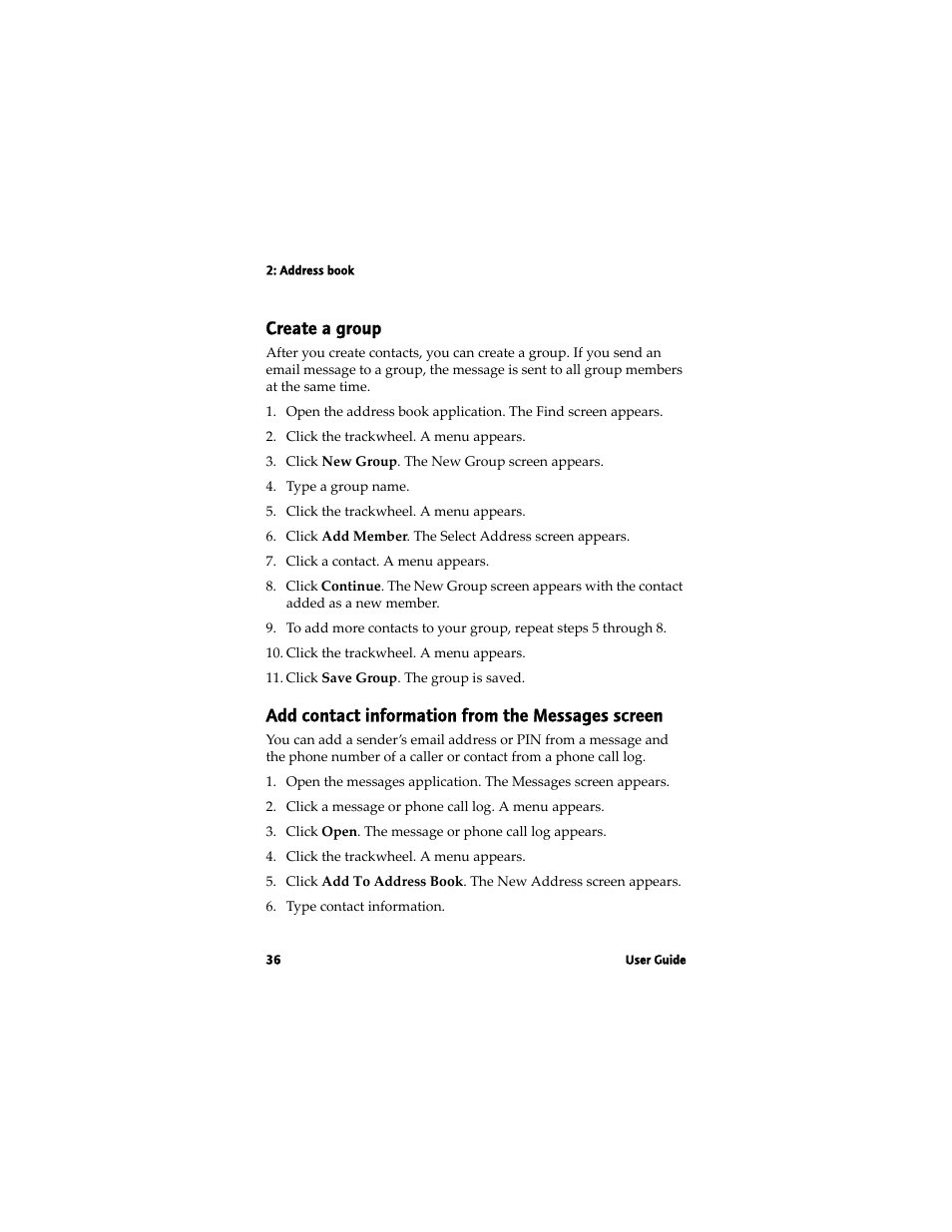 Create a group, Add contact information from the messages screen | Blackberry 7780 User Manual | Page 36 / 154