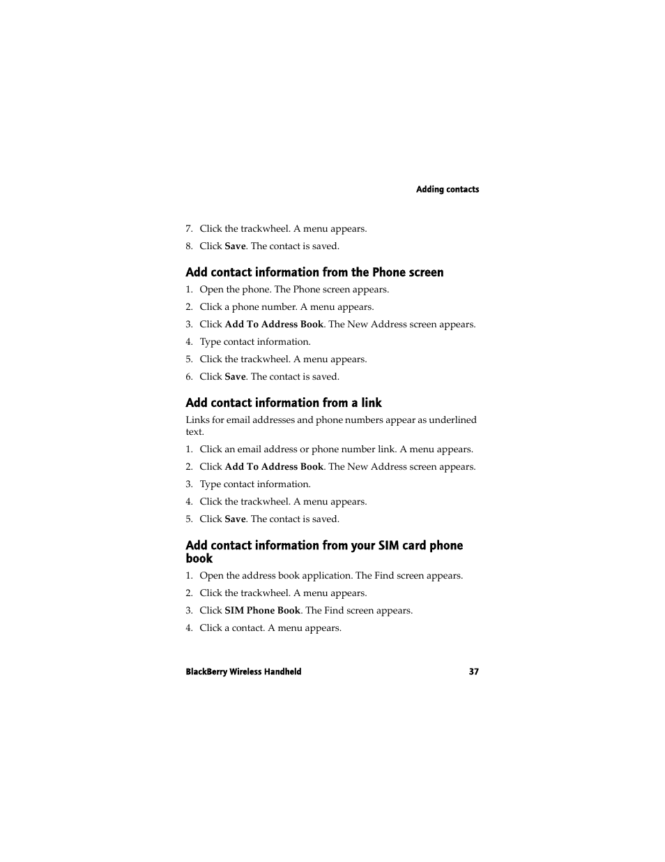 Add contact information from the phone screen, Add contact information from a link | Blackberry 7780 User Manual | Page 37 / 154