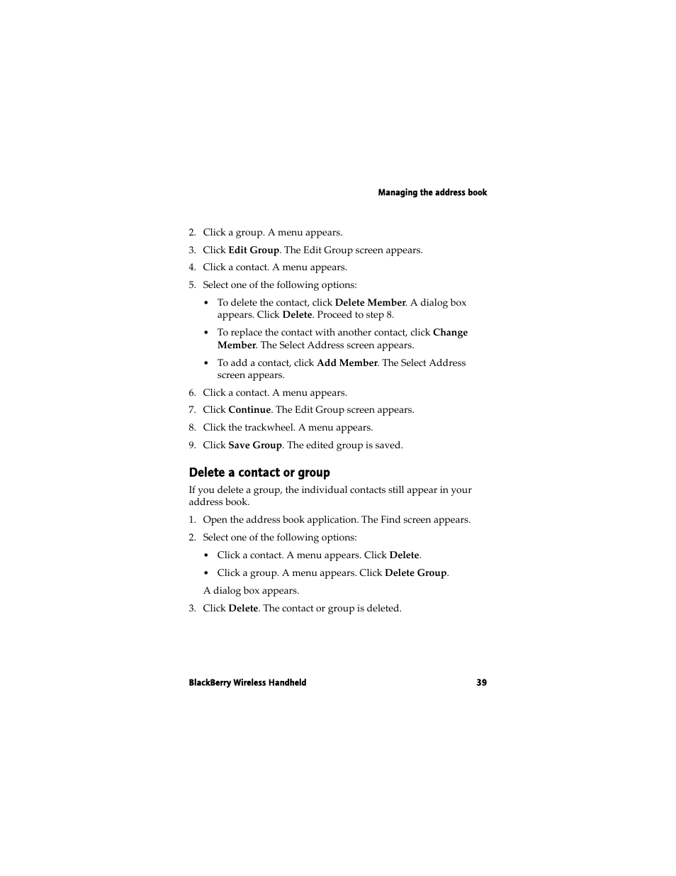 Delete a contact or group | Blackberry 7780 User Manual | Page 39 / 154