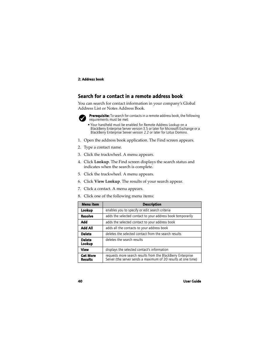 Search for a contact in a remote address book | Blackberry 7780 User Manual | Page 40 / 154