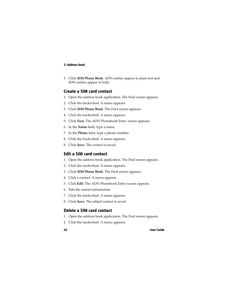 Create a sim card contact, Edit a sim card contact, Delete a sim card contact | Blackberry 7780 User Manual | Page 42 / 154