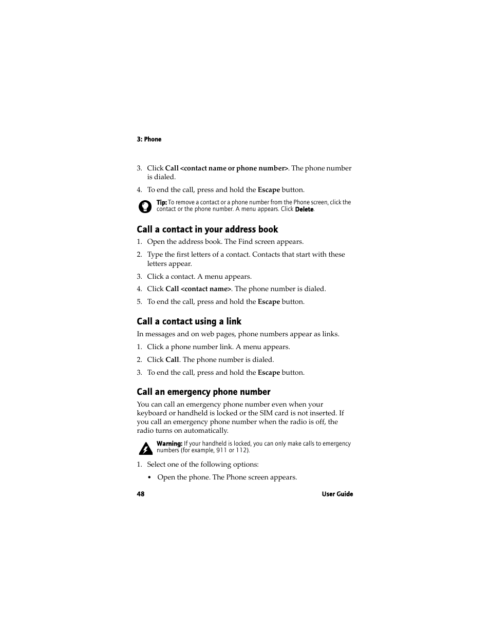 Call a contact in your address book, Call a contact using a link, Call an emergency phone number | Blackberry 7780 User Manual | Page 48 / 154