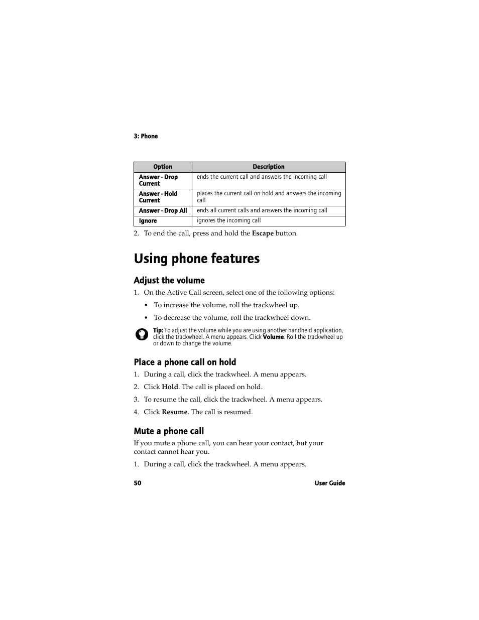 Using phone features, Adjust the volume, Place a phone call on hold | Mute a phone call | Blackberry 7780 User Manual | Page 50 / 154