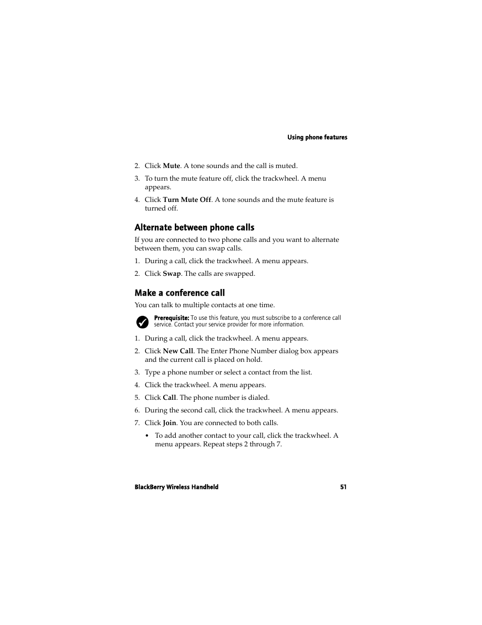 Alternate between phone calls, Make a conference call | Blackberry 7780 User Manual | Page 51 / 154