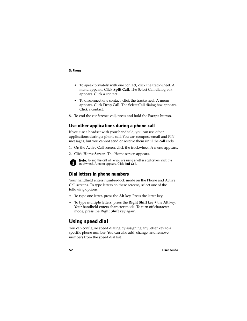 Using speed dial, Use other applications during a phone call, Dial letters in phone numbers | Blackberry 7780 User Manual | Page 52 / 154
