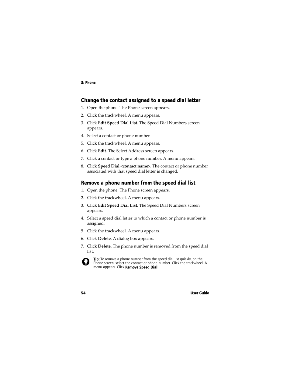Change the contact assigned to a speed dial letter, Remove a phone number from the speed dial list | Blackberry 7780 User Manual | Page 54 / 154