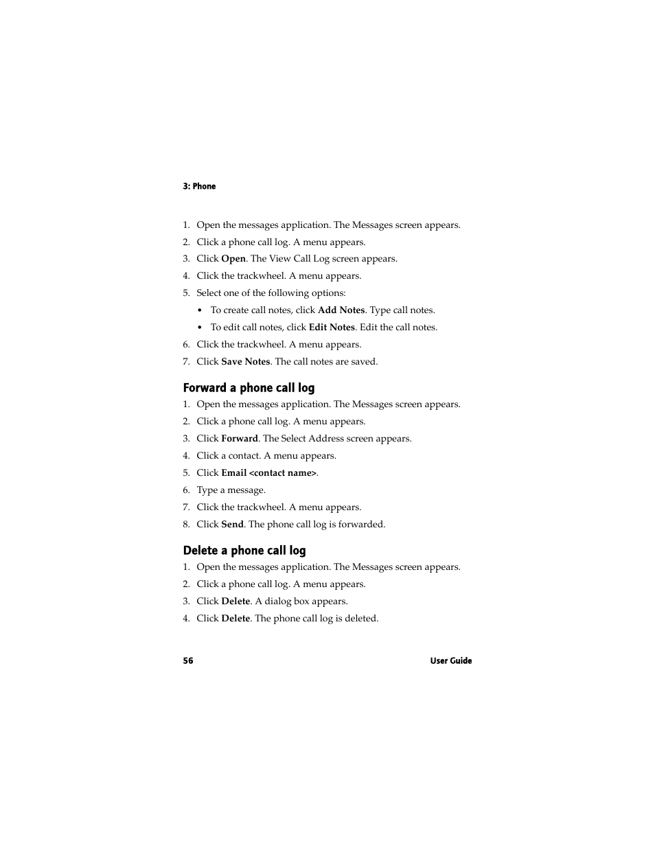 Forward a phone call log, Delete a phone call log | Blackberry 7780 User Manual | Page 56 / 154