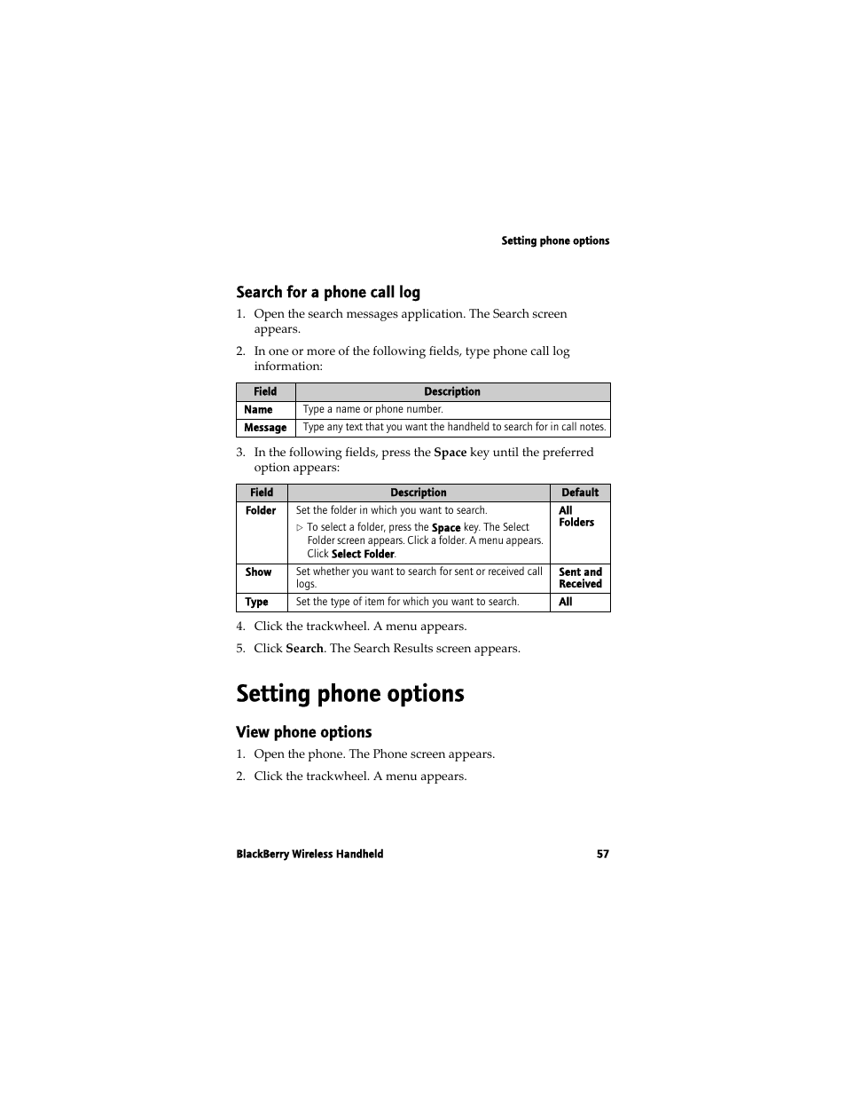 Setting phone options, Search for a phone call log, View phone options | Blackberry 7780 User Manual | Page 57 / 154