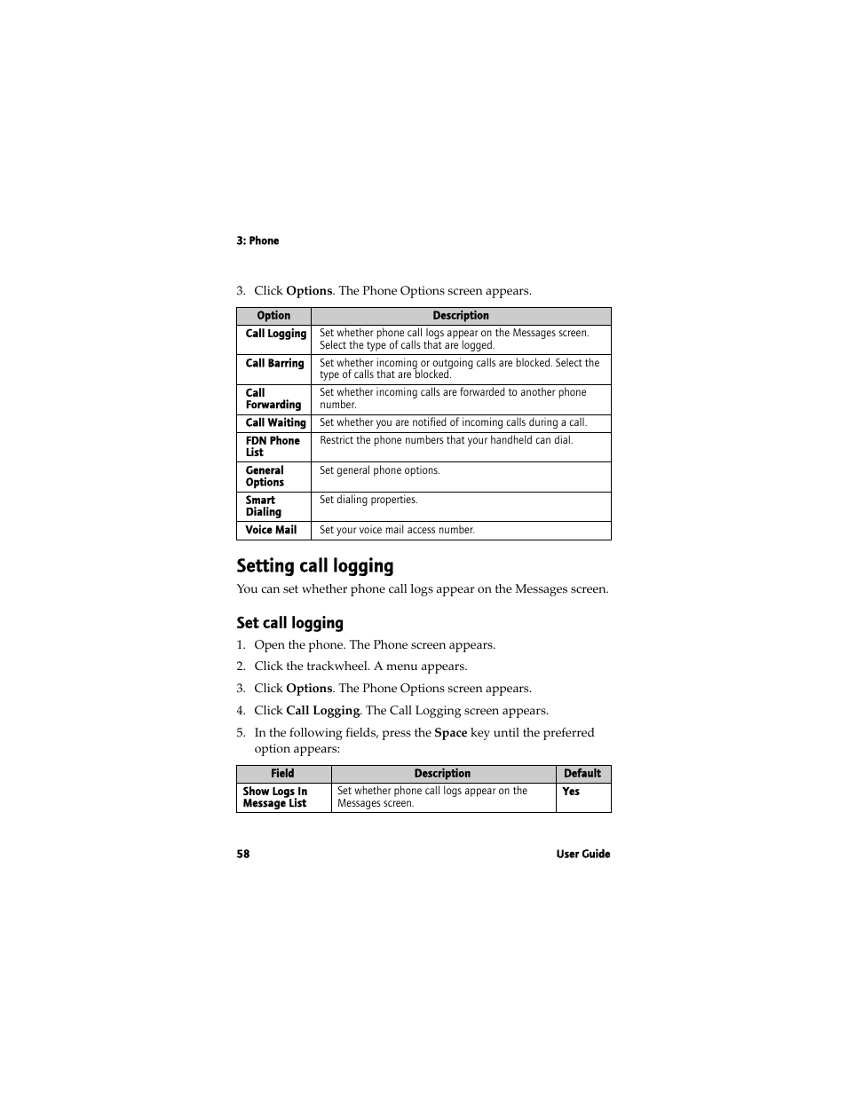 Setting call logging, Set call logging | Blackberry 7780 User Manual | Page 58 / 154