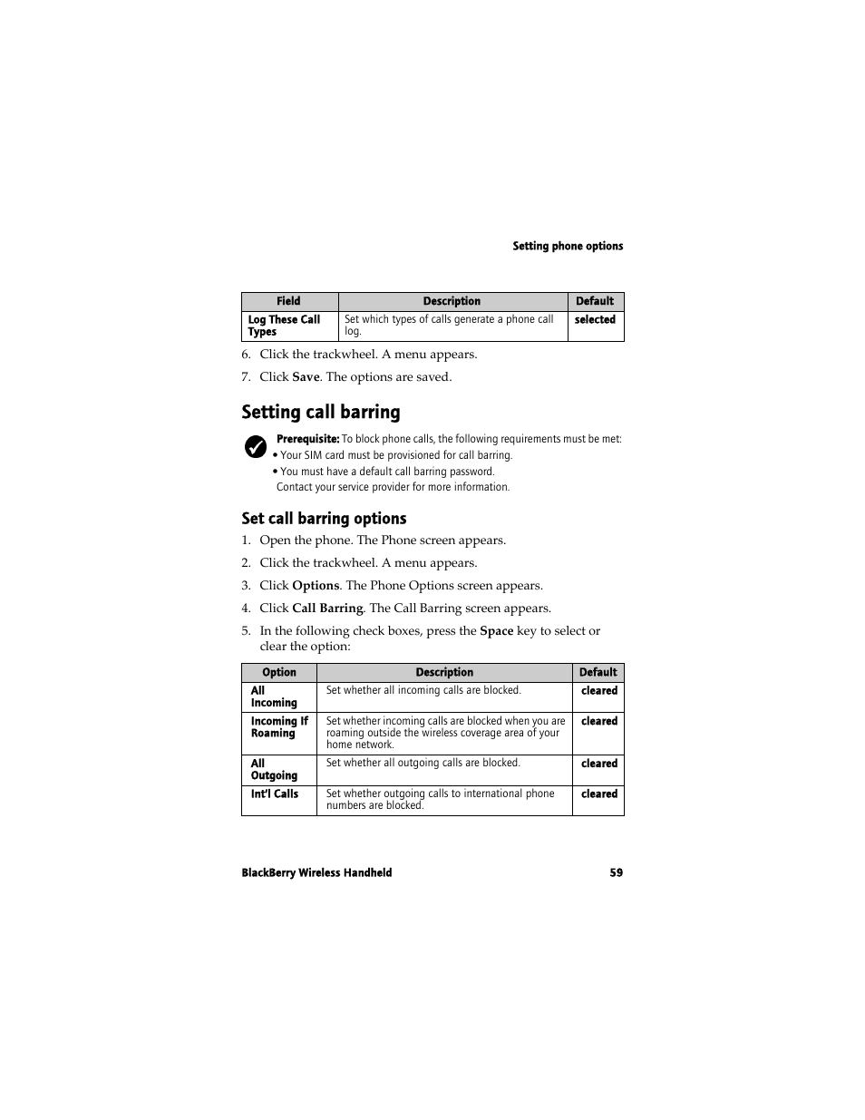 Setting call barring, Set call barring options | Blackberry 7780 User Manual | Page 59 / 154