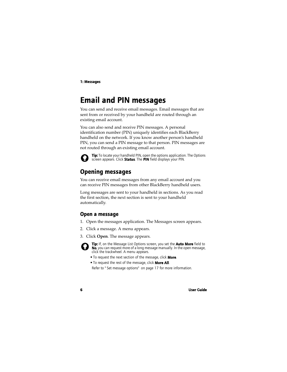 Email and pin messages, Opening messages | Blackberry 7780 User Manual | Page 6 / 154