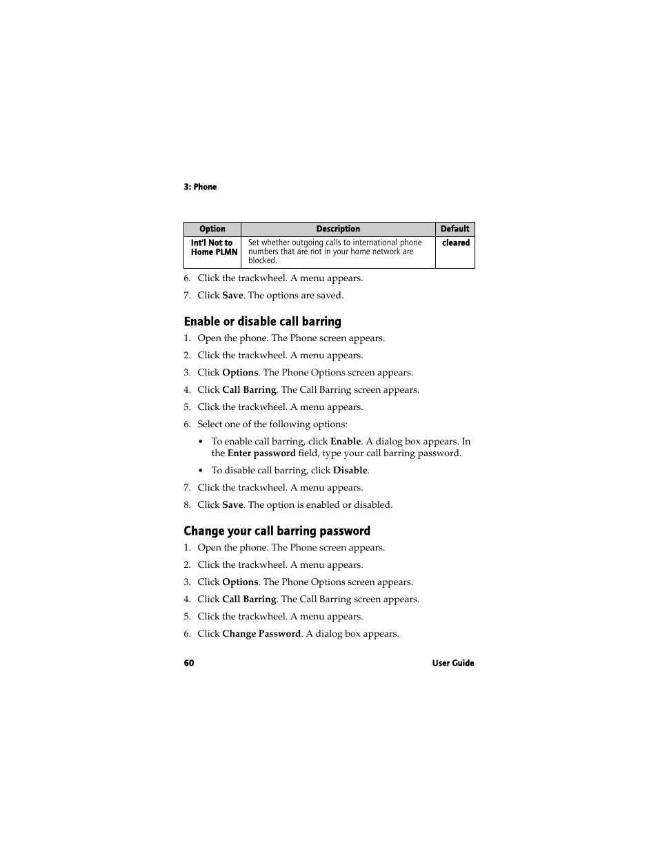 Enable or disable call barring, Change your call barring password | Blackberry 7780 User Manual | Page 60 / 154