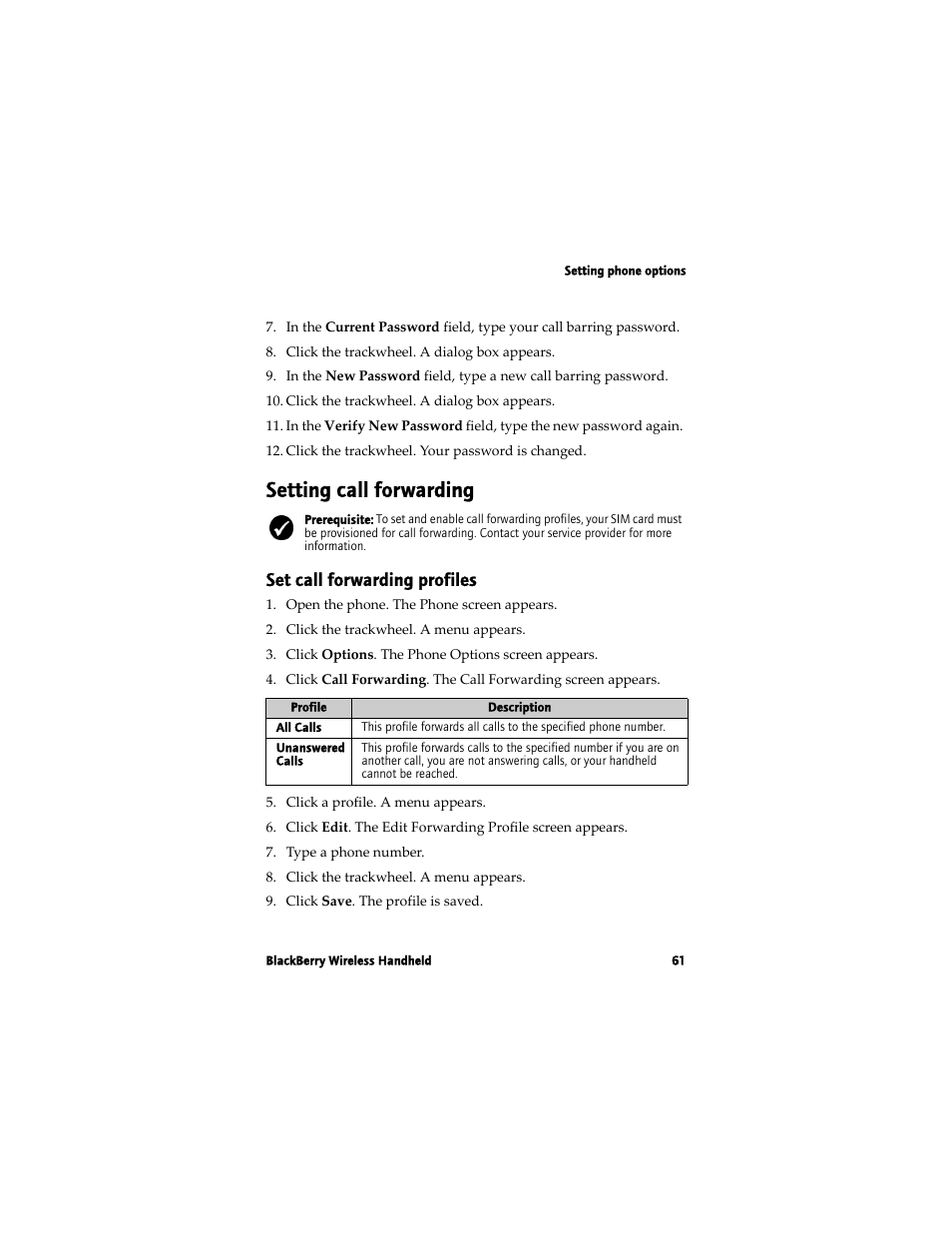 Setting call forwarding, Set call forwarding profiles | Blackberry 7780 User Manual | Page 61 / 154