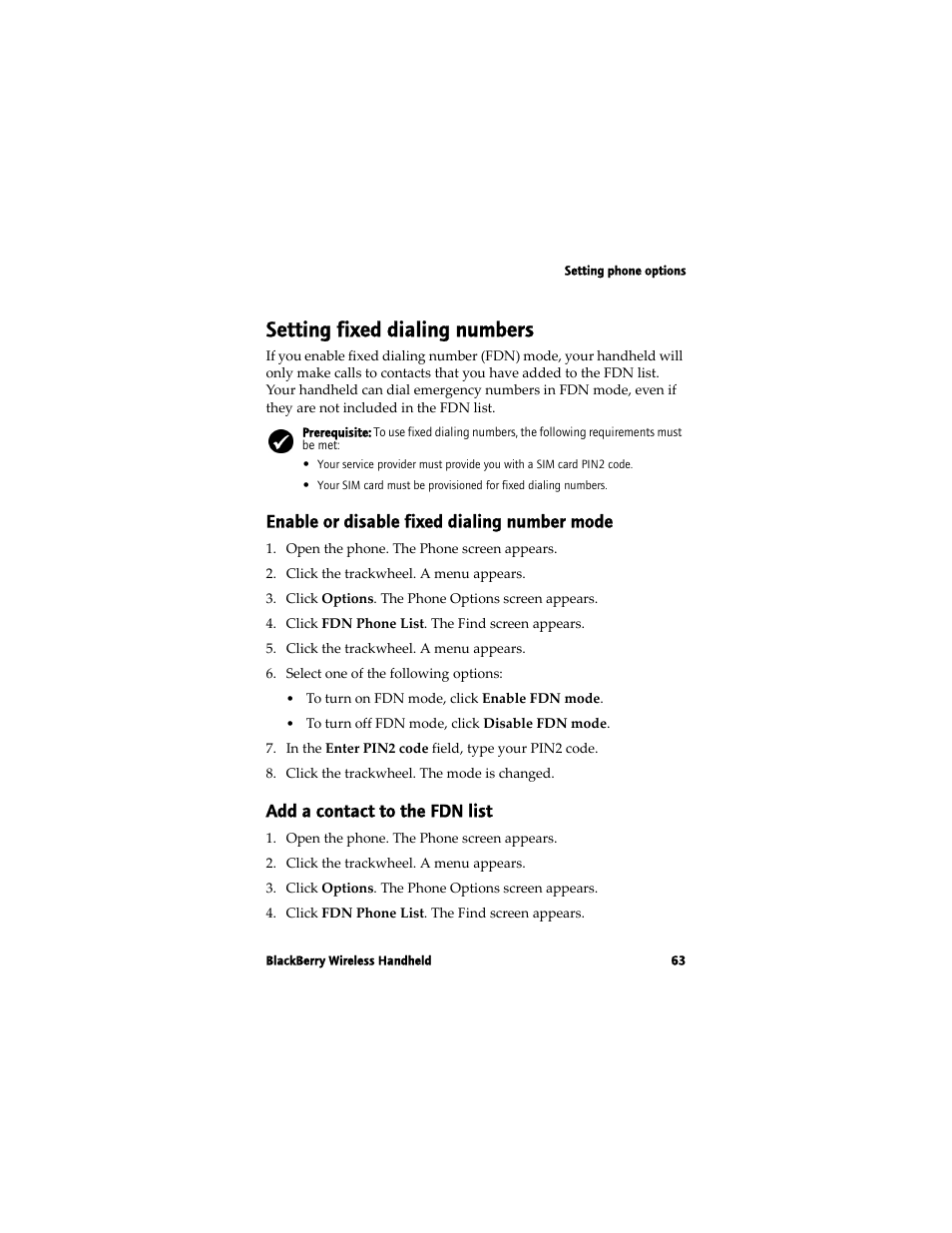 Setting fixed dialing numbers, Enable or disable fixed dialing number mode, Add a contact to the fdn list | Blackberry 7780 User Manual | Page 63 / 154