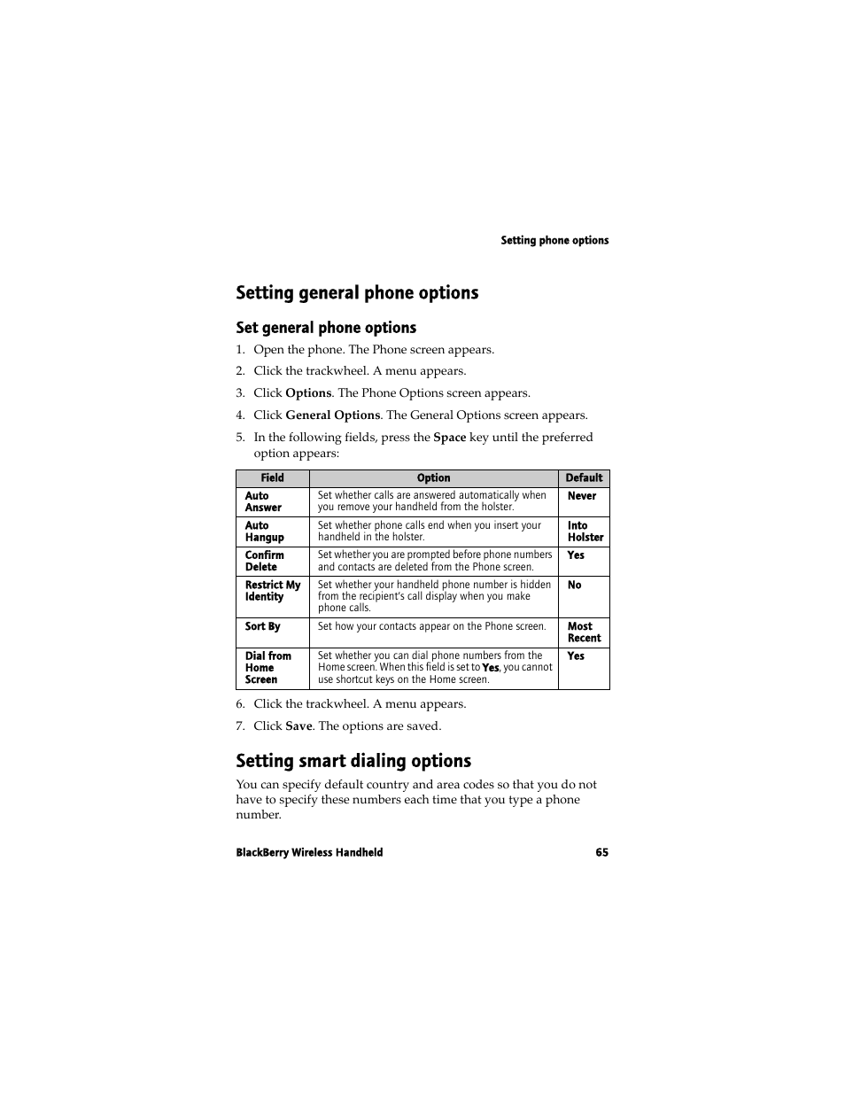 Setting general phone options, Setting smart dialing options, Set general phone options | Blackberry 7780 User Manual | Page 65 / 154