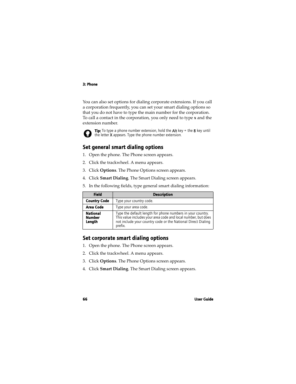 Set general smart dialing options, Set corporate smart dialing options | Blackberry 7780 User Manual | Page 66 / 154