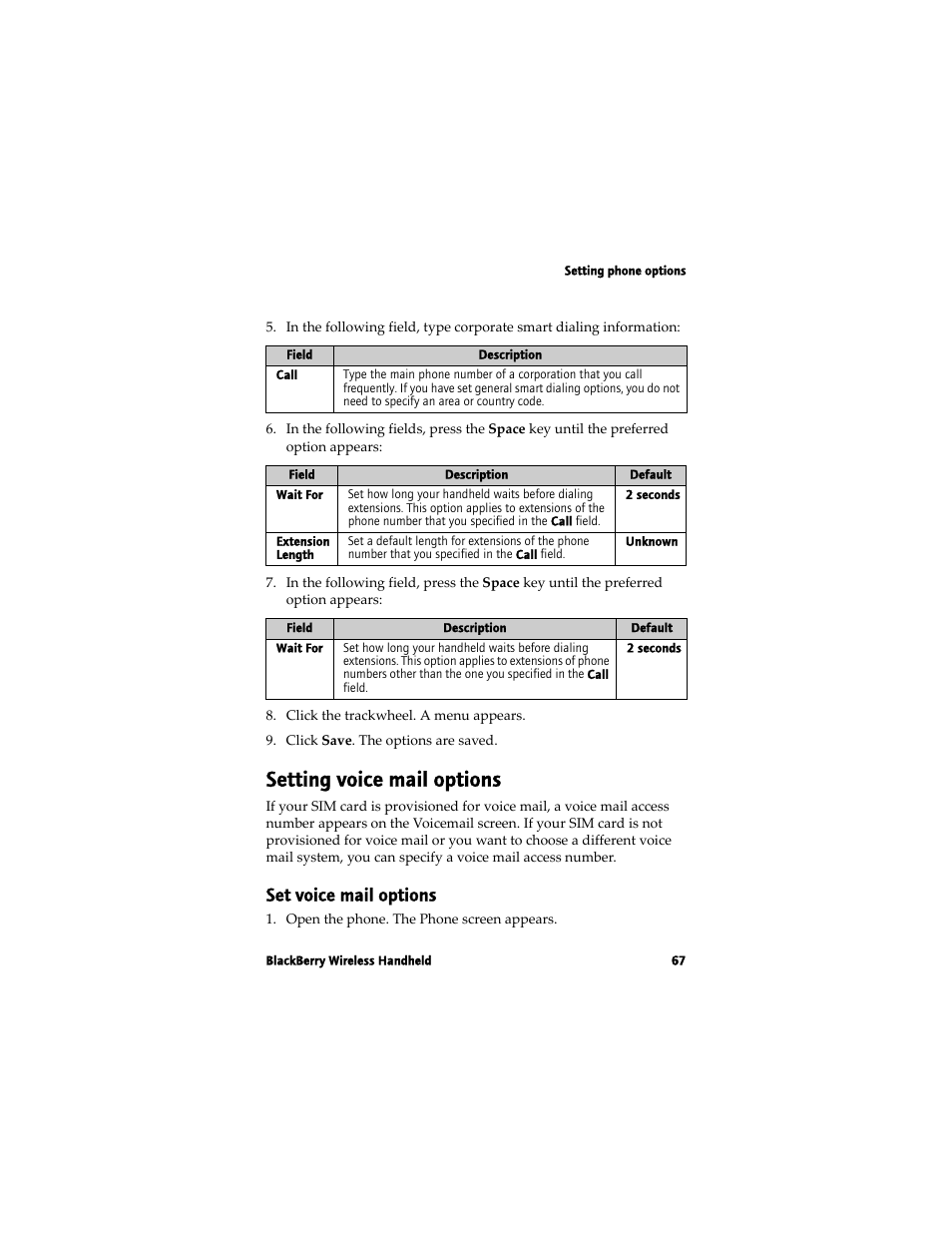 Setting voice mail options, Set voice mail options | Blackberry 7780 User Manual | Page 67 / 154