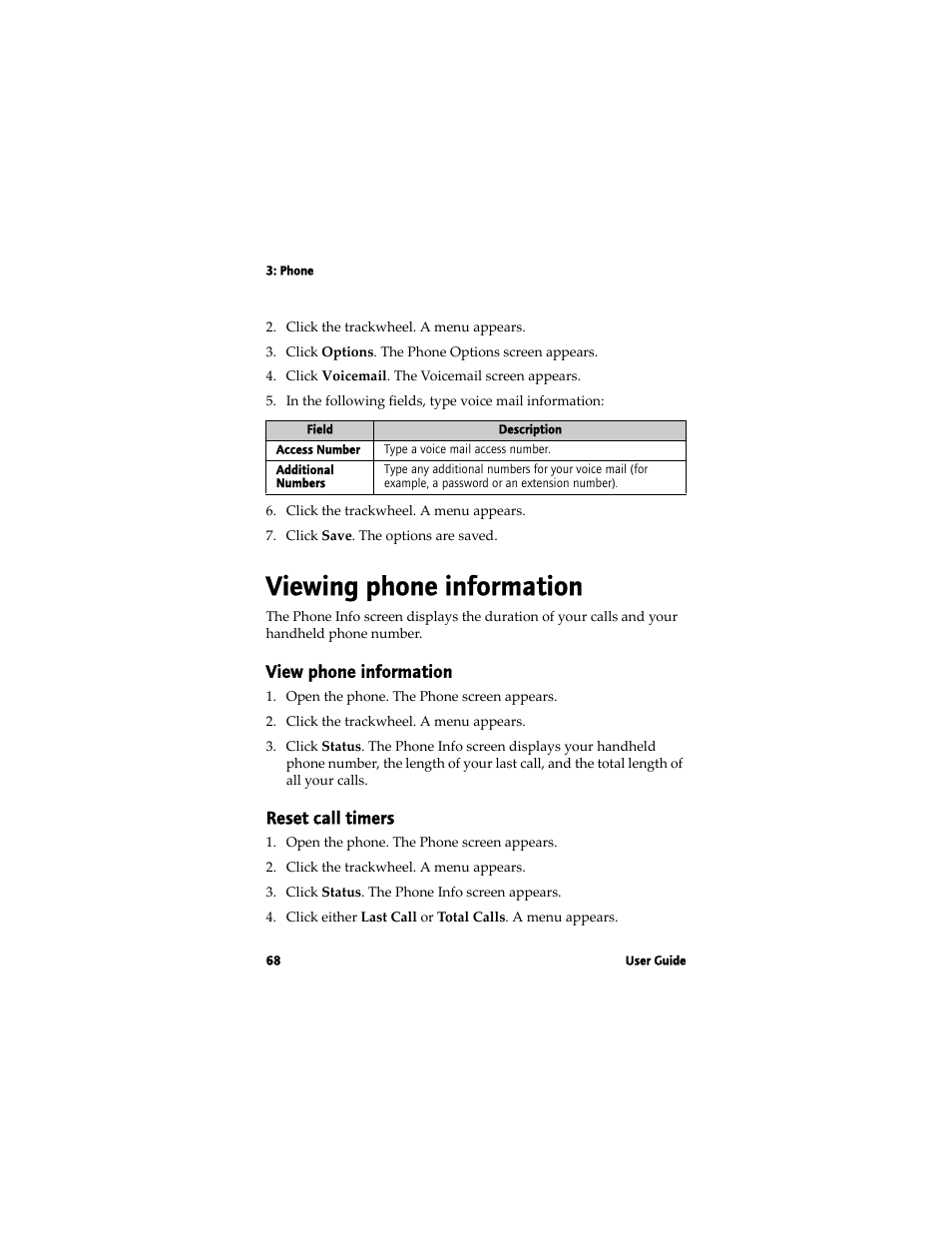 Viewing phone information, View phone information, Reset call timers | Blackberry 7780 User Manual | Page 68 / 154