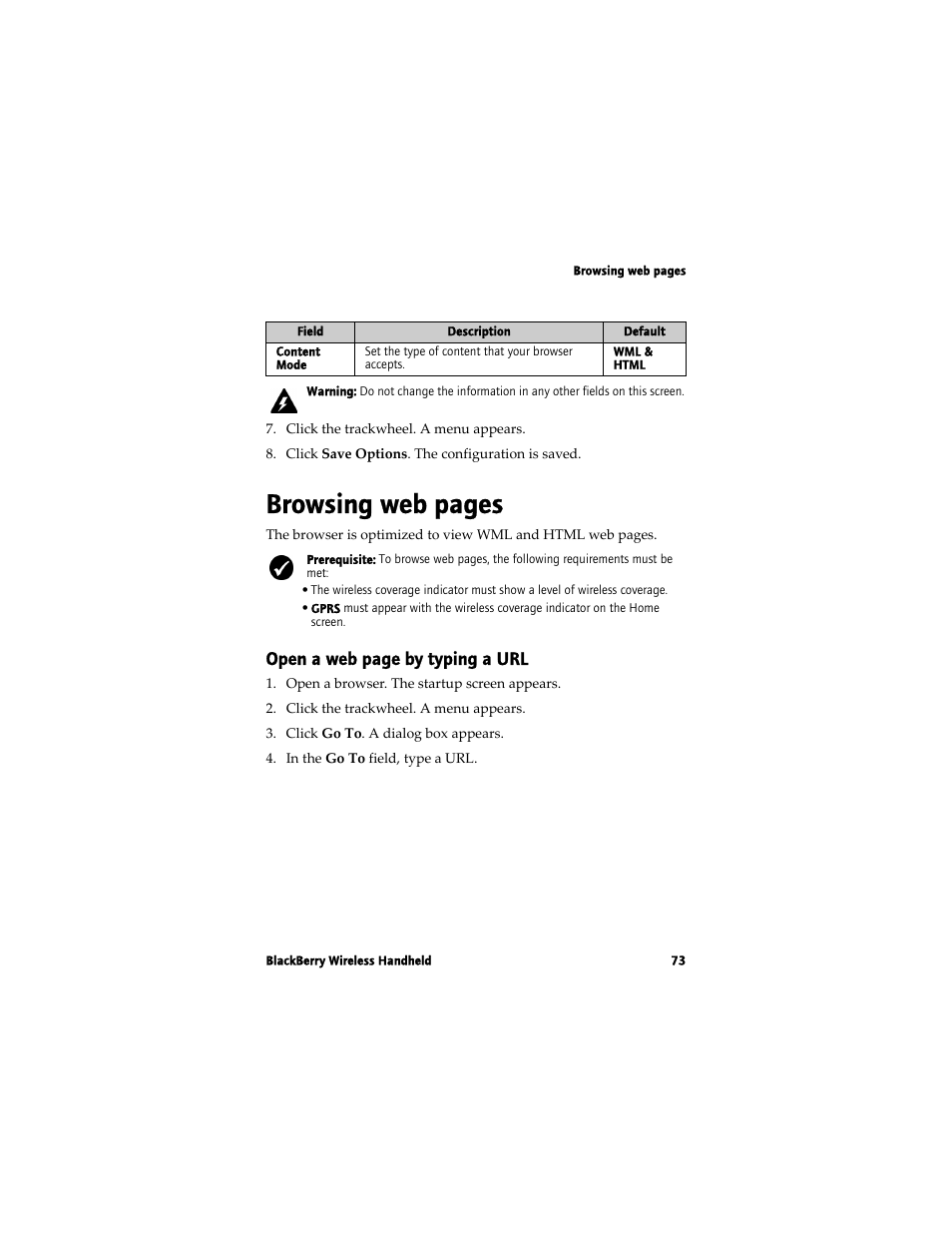 Browsing web pages, Open a web page by typing a url | Blackberry 7780 User Manual | Page 73 / 154