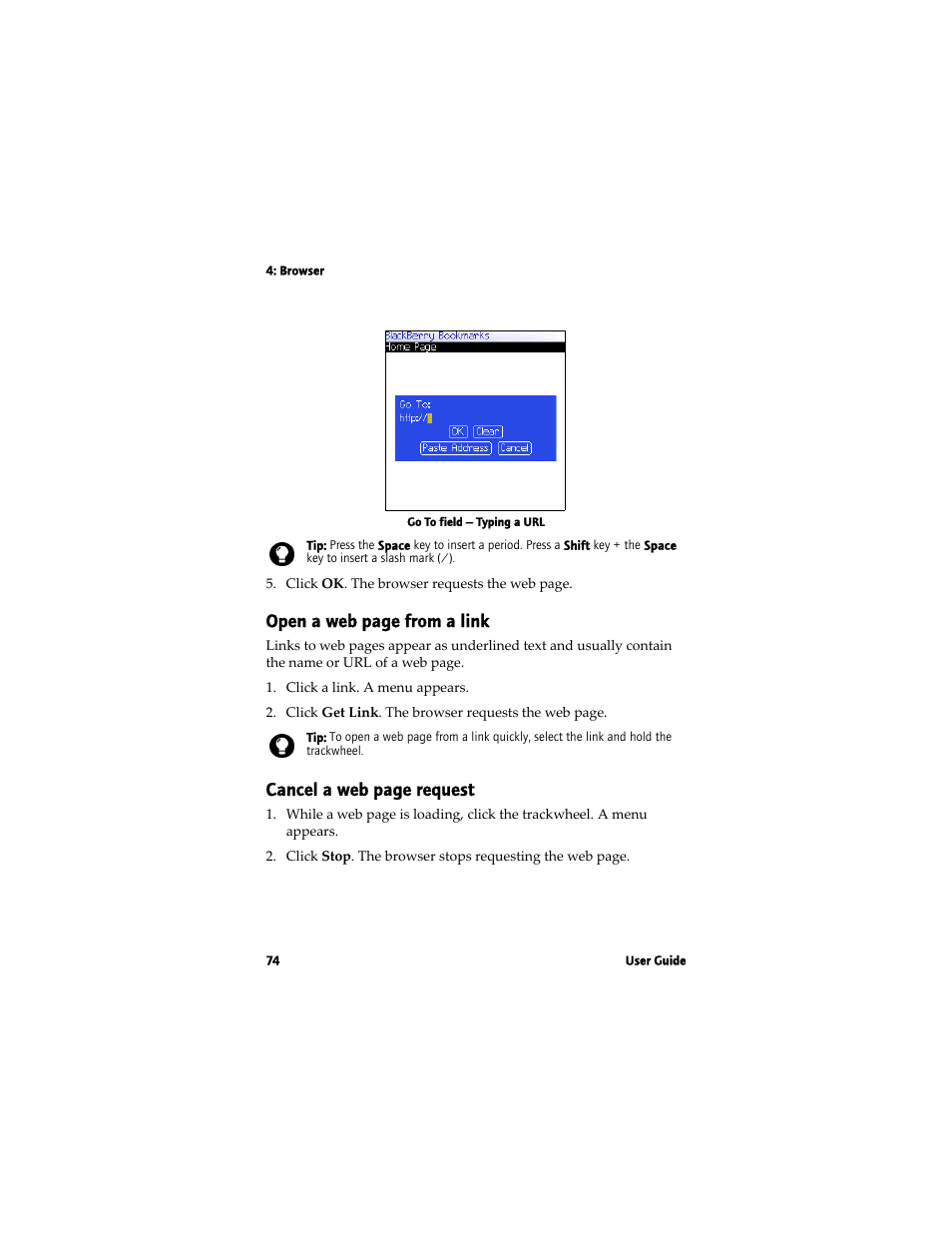 Open a web page from a link, Cancel a web page request | Blackberry 7780 User Manual | Page 74 / 154