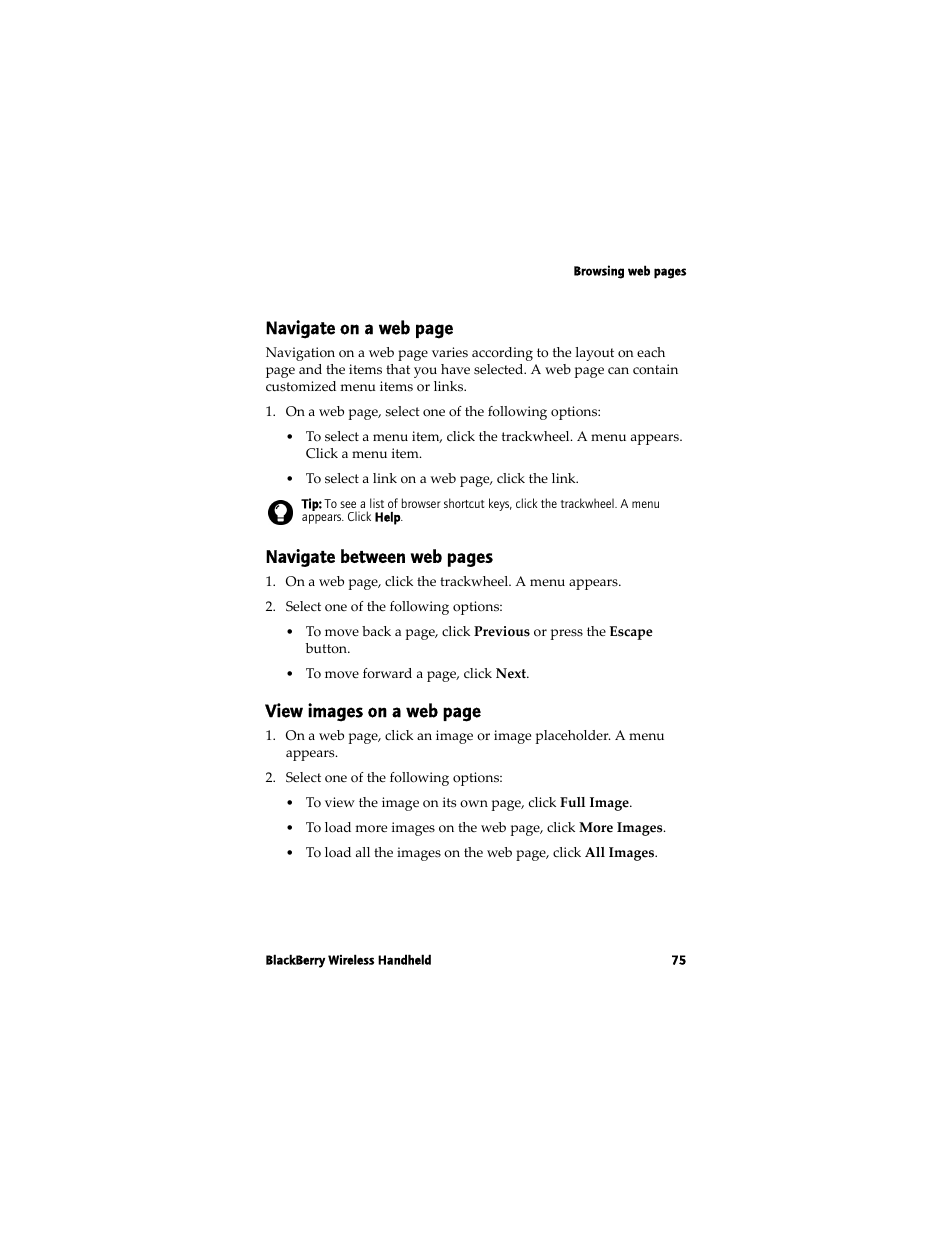 Navigate on a web page, Navigate between web pages, View images on a web page | Blackberry 7780 User Manual | Page 75 / 154