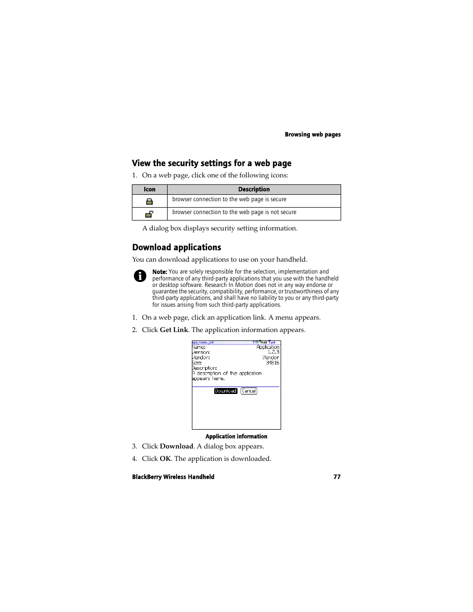 View the security settings for a web page, Download applications | Blackberry 7780 User Manual | Page 77 / 154