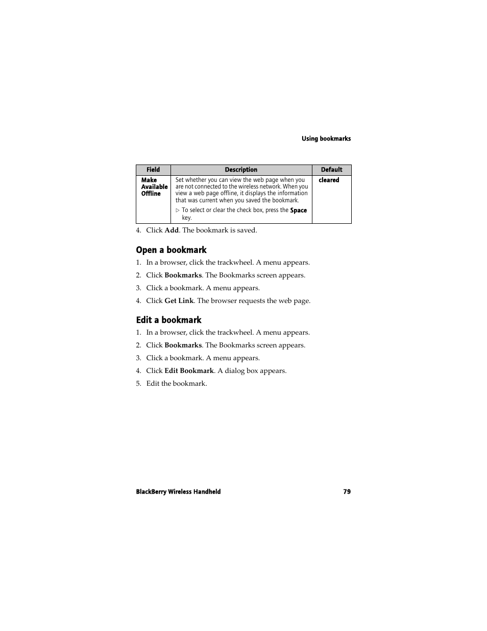 Open a bookmark, Edit a bookmark | Blackberry 7780 User Manual | Page 79 / 154