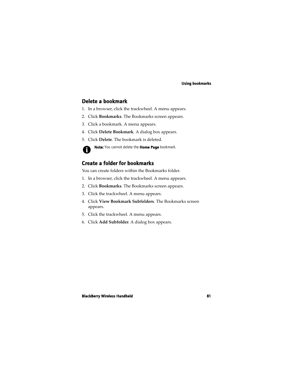 Delete a bookmark, Create a folder for bookmarks | Blackberry 7780 User Manual | Page 81 / 154