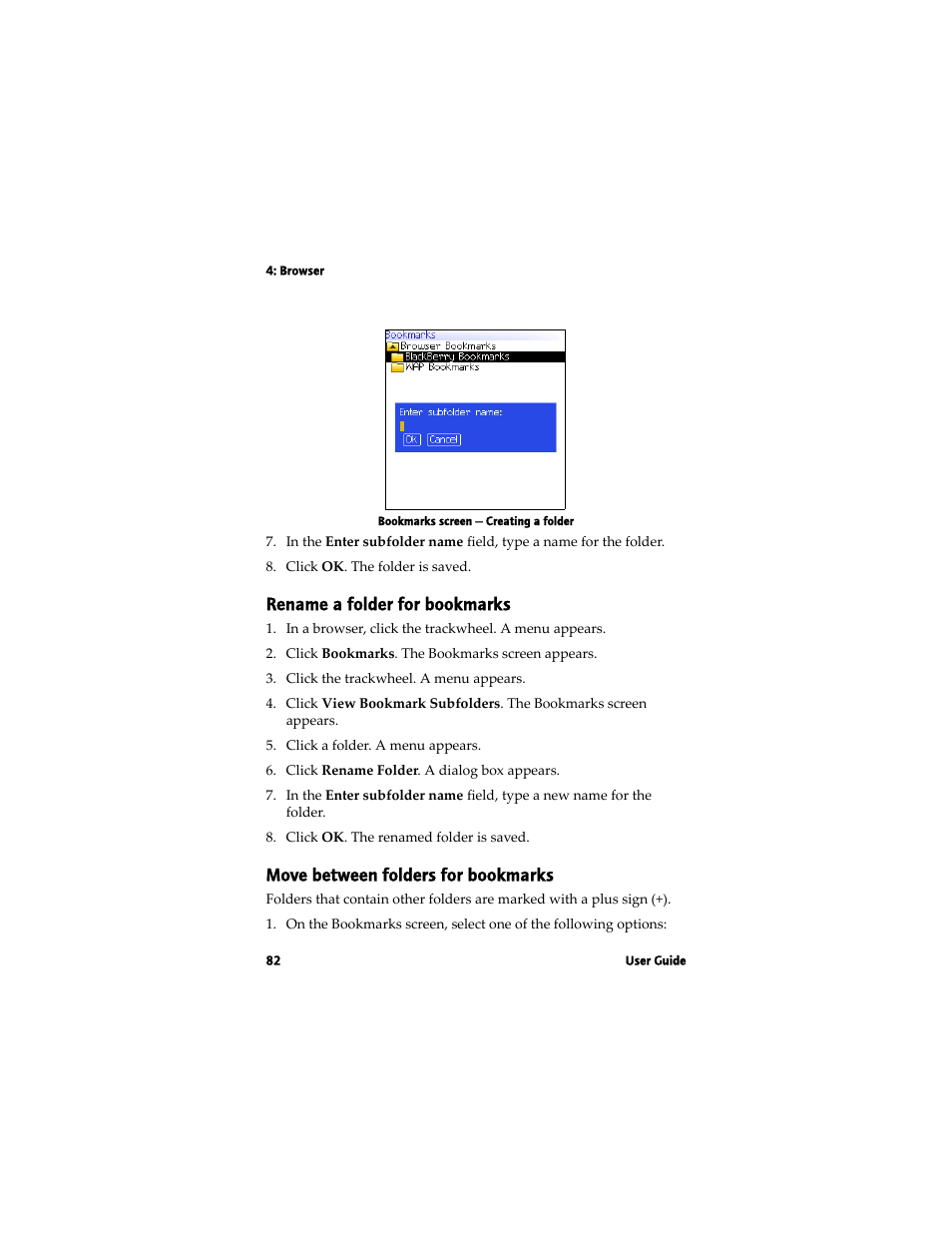 Rename a folder for bookmarks, Move between folders for bookmarks | Blackberry 7780 User Manual | Page 82 / 154