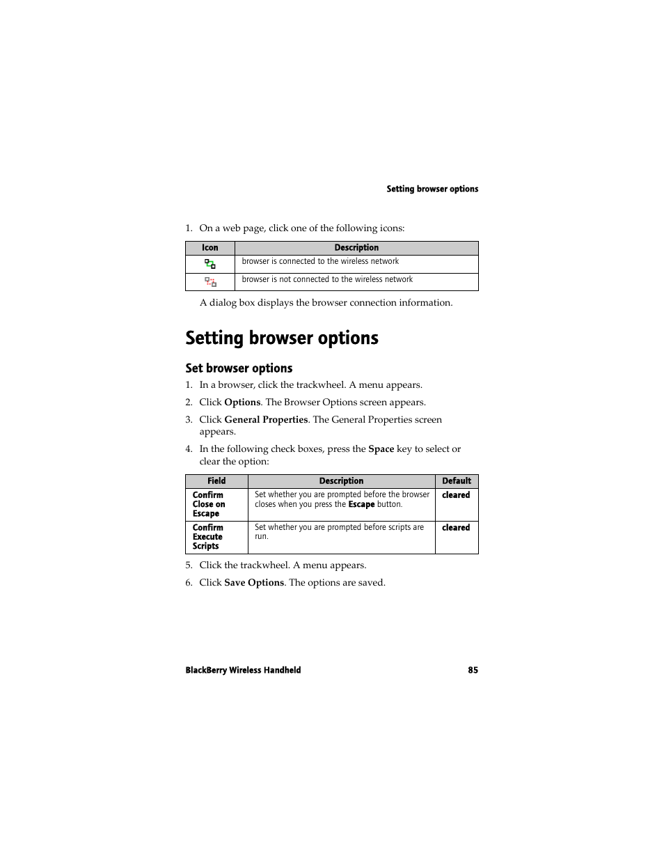 Setting browser options, Set browser options | Blackberry 7780 User Manual | Page 85 / 154