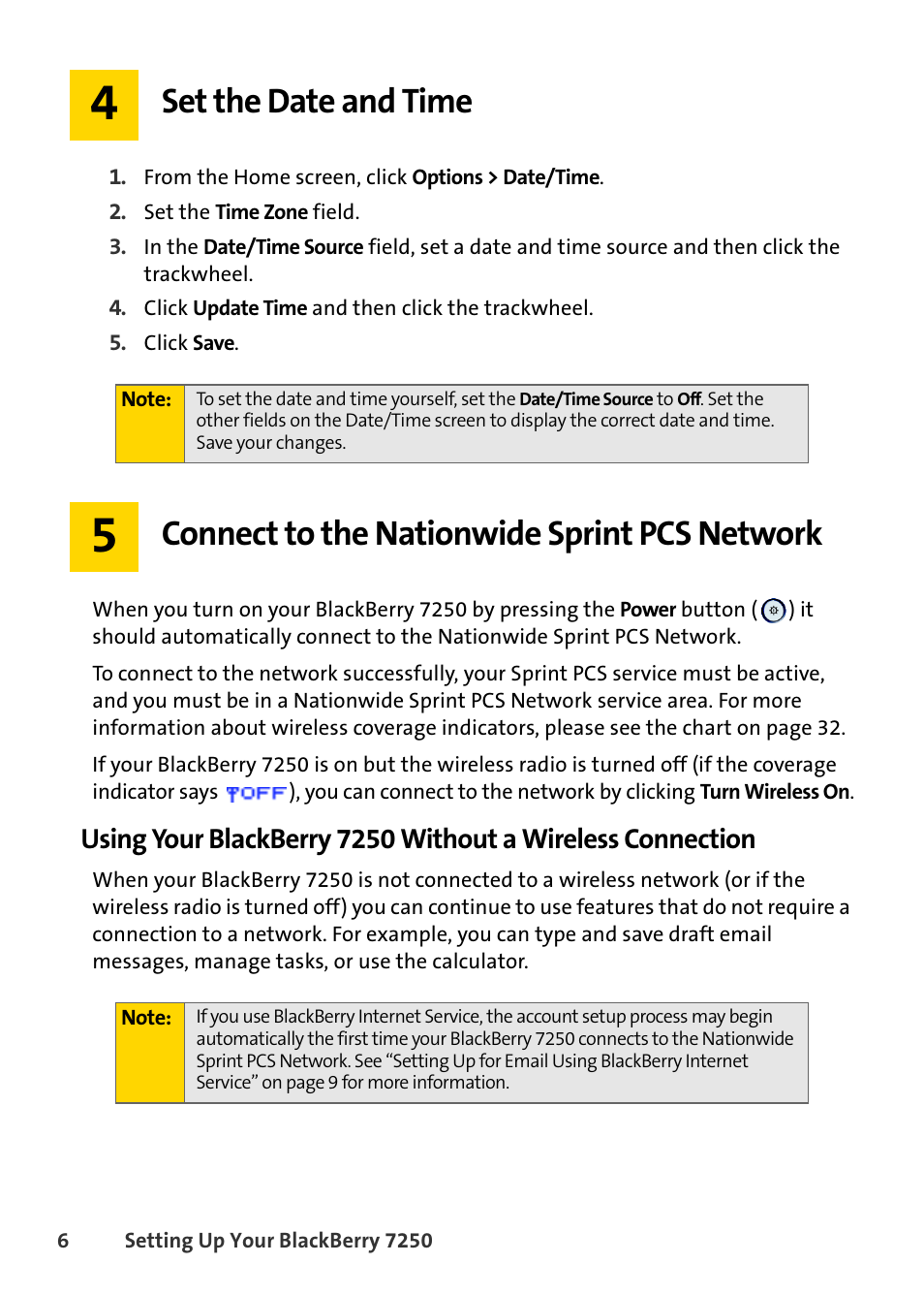 Set the date and time, Connect to the nationwide sprint pcs network | Blackberry 7250 User Manual | Page 13 / 57