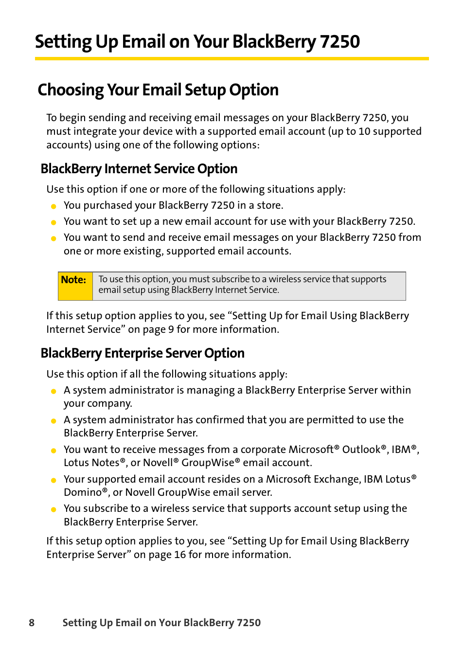 Setting up email on your blackberry 7250, Choosing your email setup option, Blackberry internet service option | Blackberry enterprise server option | Blackberry 7250 User Manual | Page 15 / 57