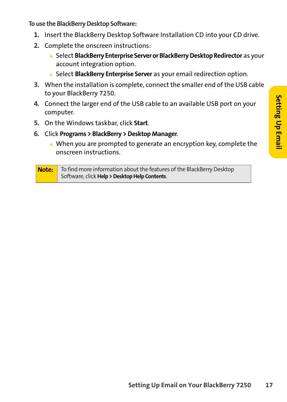 Setting u p email | Blackberry 7250 User Manual | Page 24 / 57