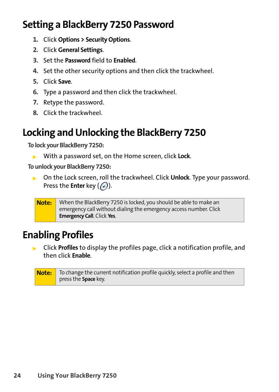 Setting a blackberry 7250 password, Locking and unlocking the blackberry 7250, Enabling profiles | Blackberry 7250 User Manual | Page 31 / 57