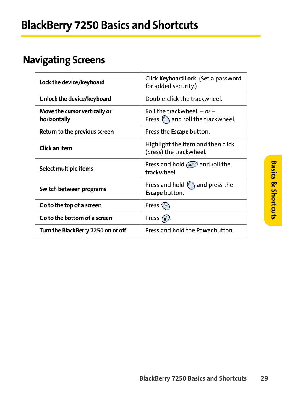 Blackberry 7250 basics and shortcuts, Navigating screens | Blackberry 7250 User Manual | Page 36 / 57