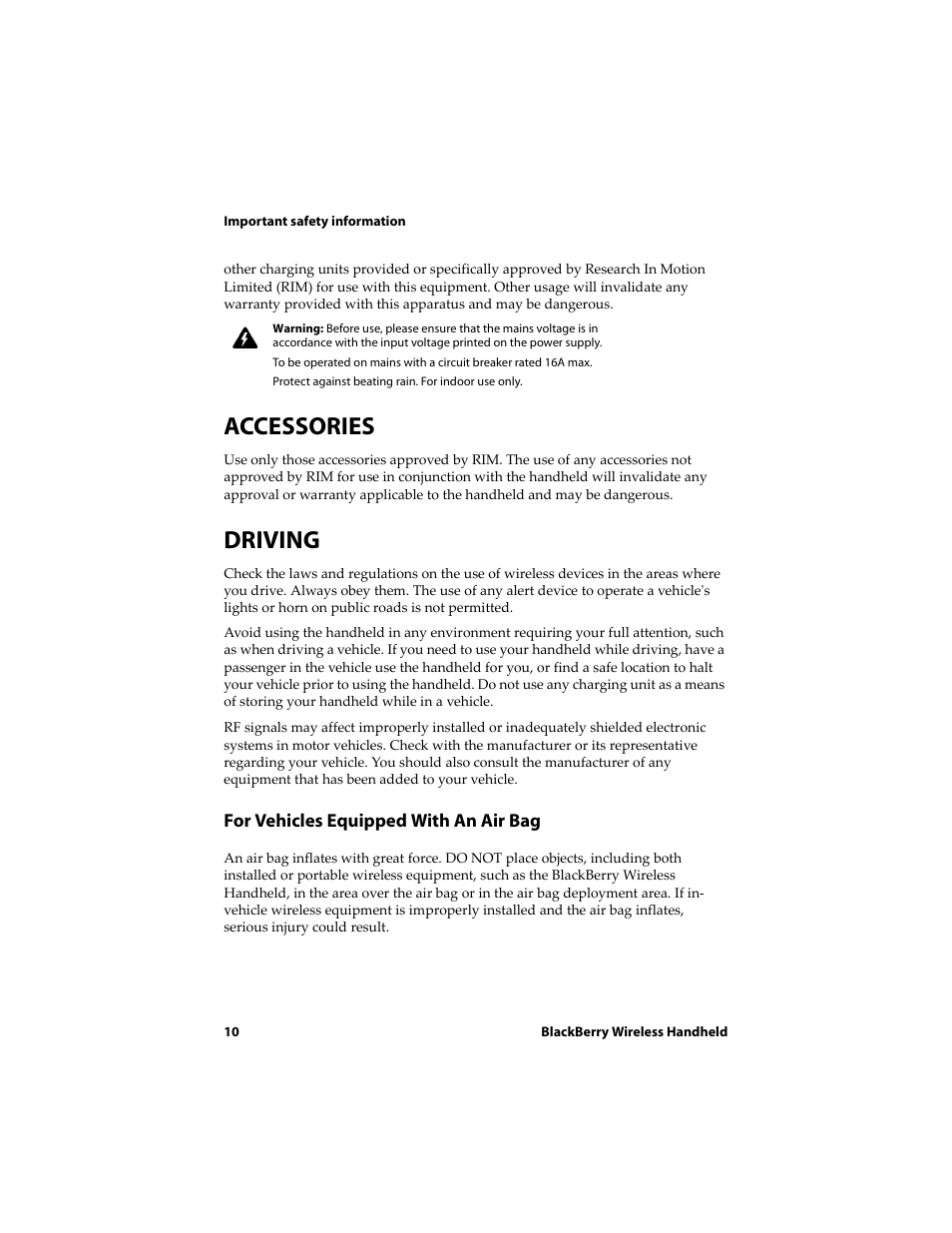Accessories, Driving | Blackberry 6710 User Manual | Page 10 / 309