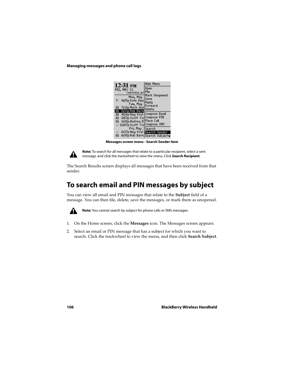 To search email and pin messages by subject | Blackberry 6710 User Manual | Page 106 / 309