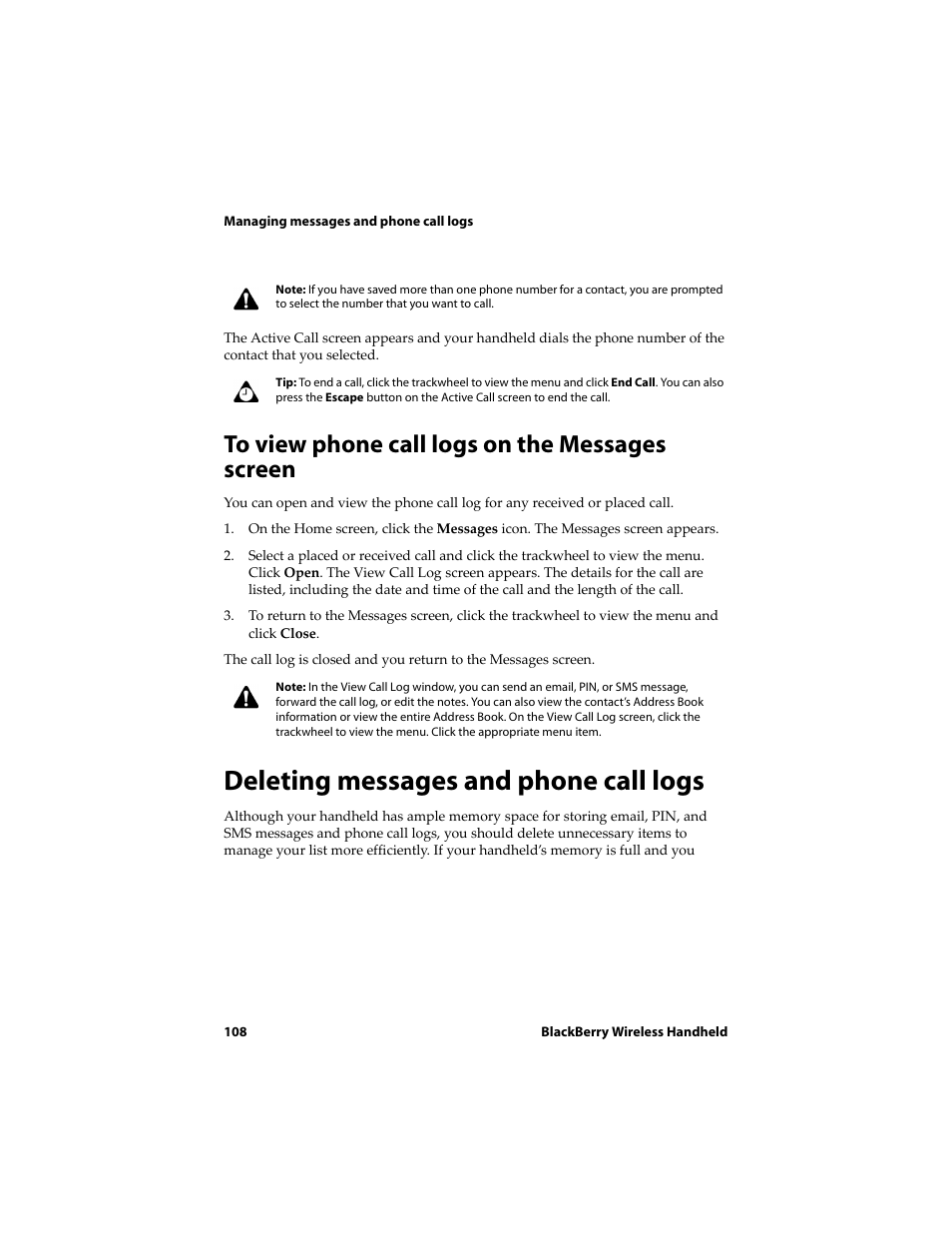To view phone call logs on the messages screen, Deleting messages and phone call logs | Blackberry 6710 User Manual | Page 108 / 309