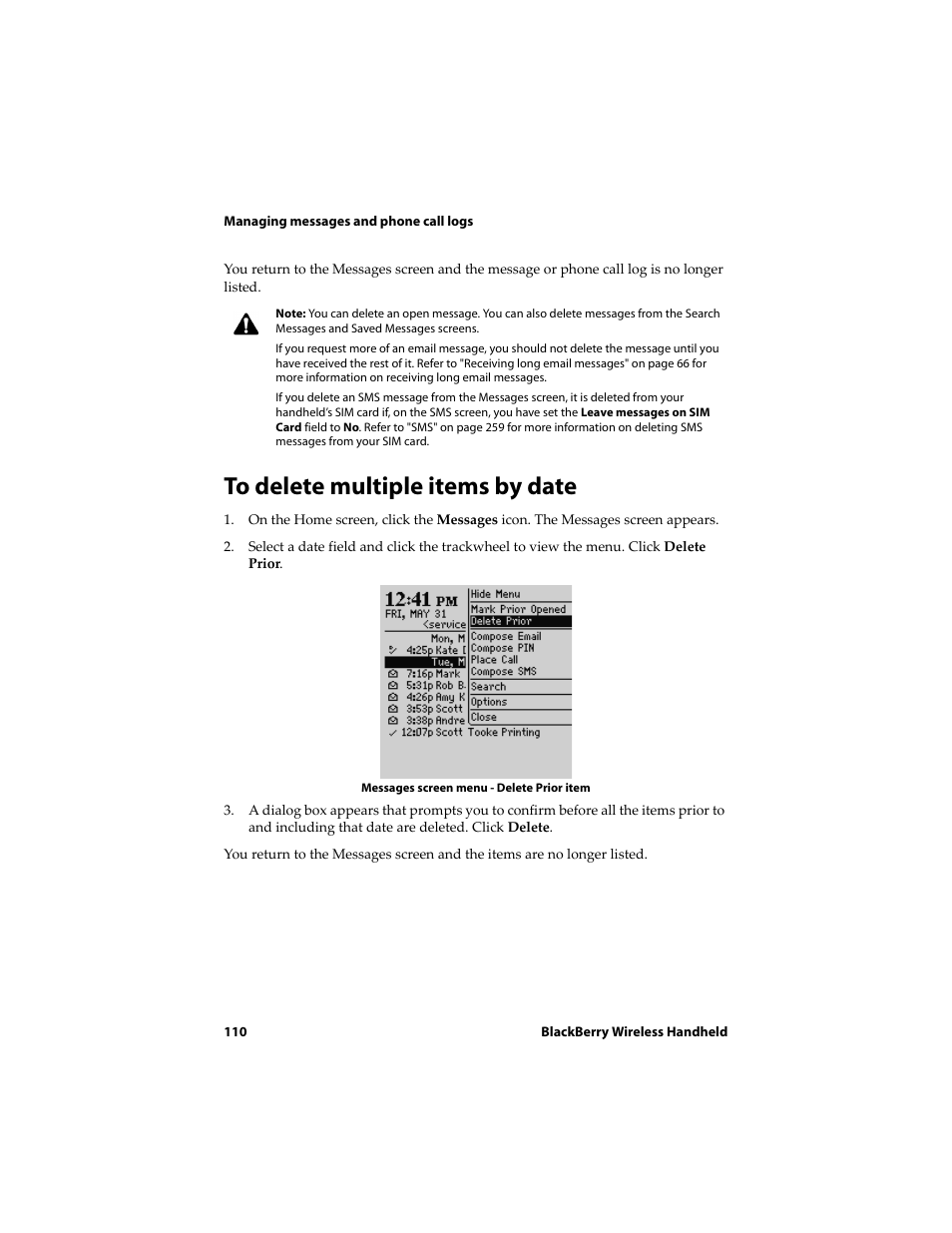 To delete multiple items by date | Blackberry 6710 User Manual | Page 110 / 309