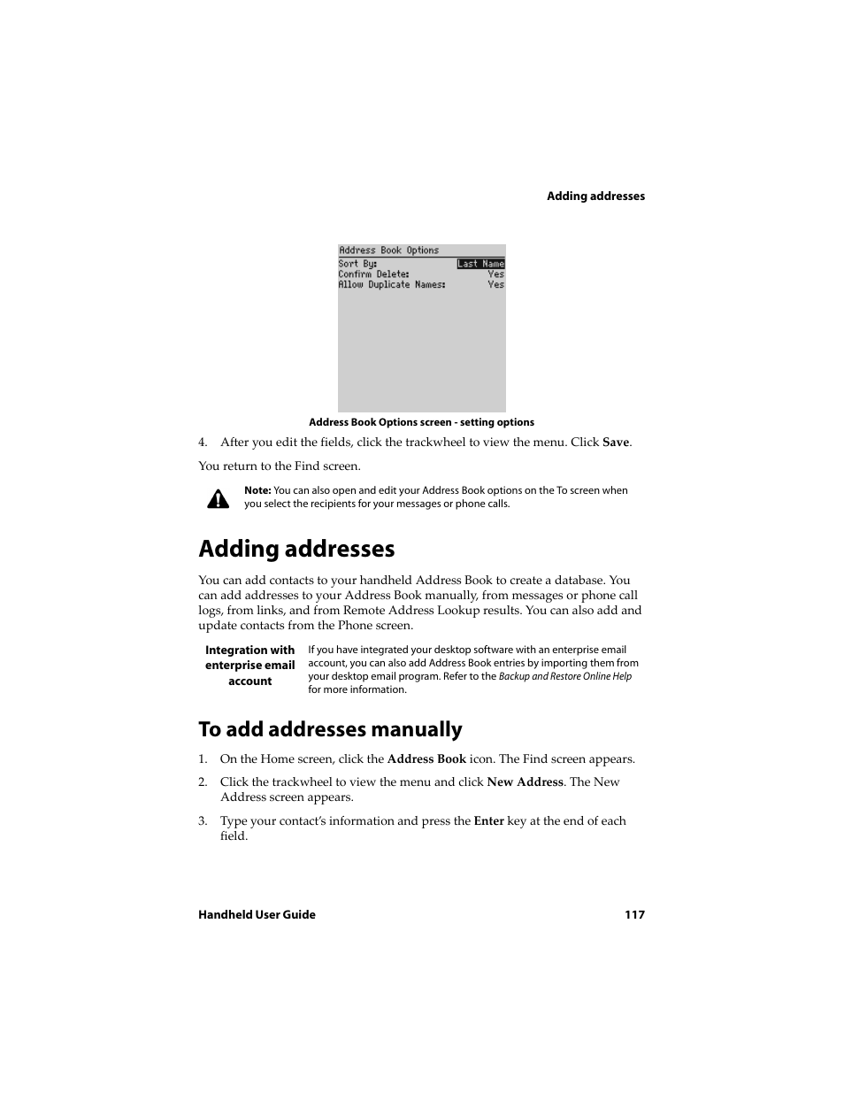 Adding addresses, To add addresses manually | Blackberry 6710 User Manual | Page 117 / 309