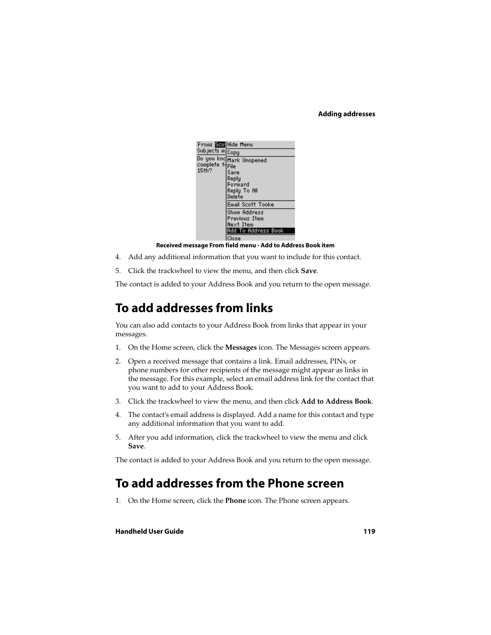 To add addresses from links, To add addresses from the phone screen | Blackberry 6710 User Manual | Page 119 / 309