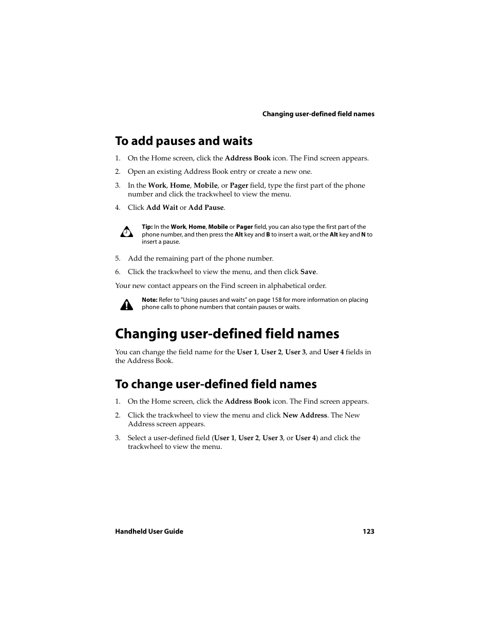 To add pauses and waits, Changing user-defined field names, To change user-defined field names | Blackberry 6710 User Manual | Page 123 / 309