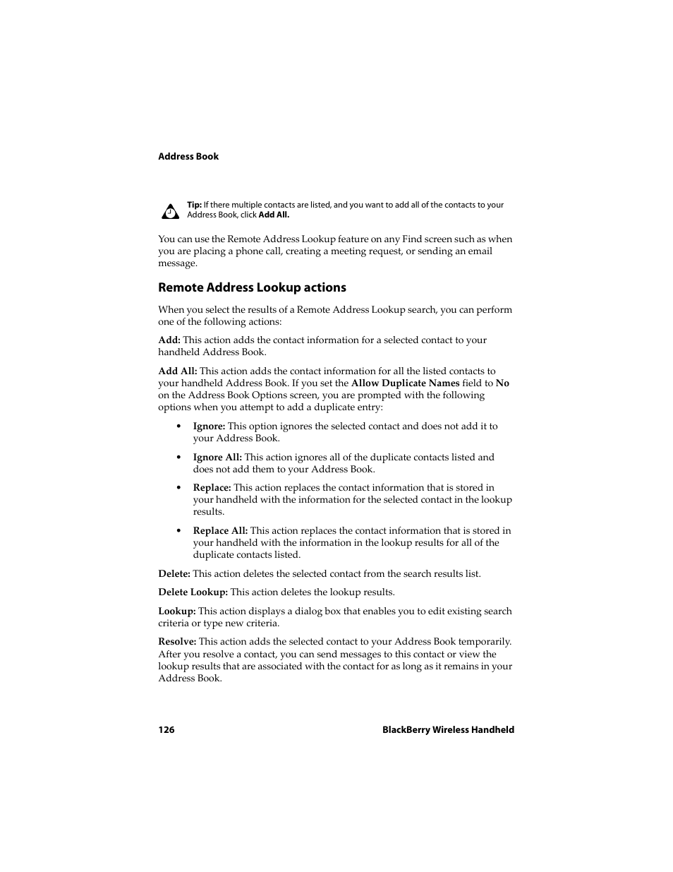 Remote address lookup actions | Blackberry 6710 User Manual | Page 126 / 309