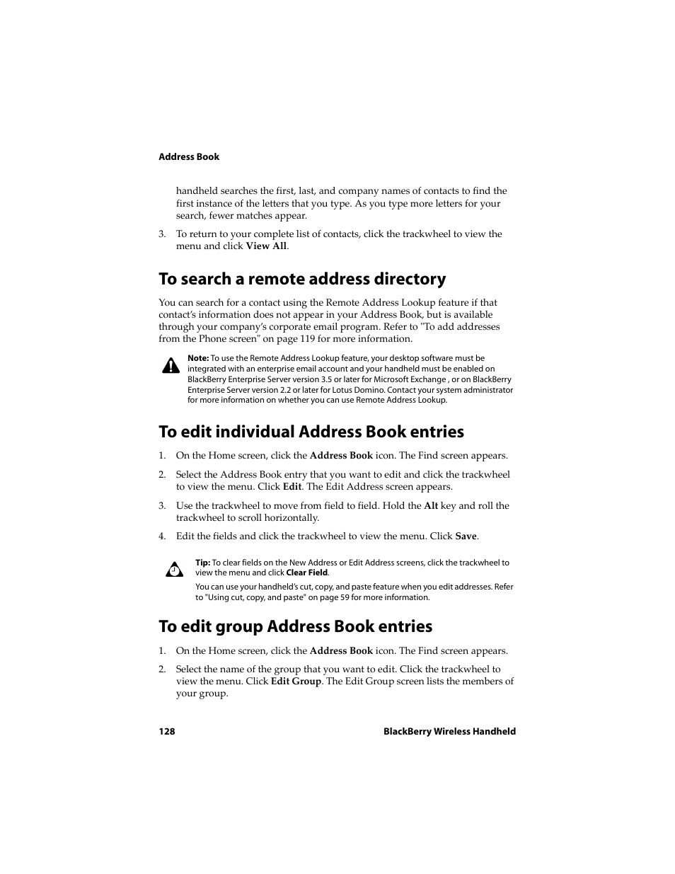 To search a remote address directory, To edit individual address book entries, To edit group address book entries | Blackberry 6710 User Manual | Page 128 / 309
