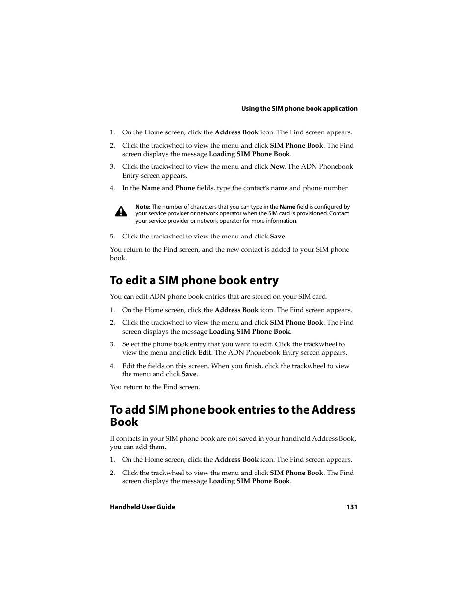 To edit a sim phone book entry, To add sim phone book entries to the address book | Blackberry 6710 User Manual | Page 131 / 309