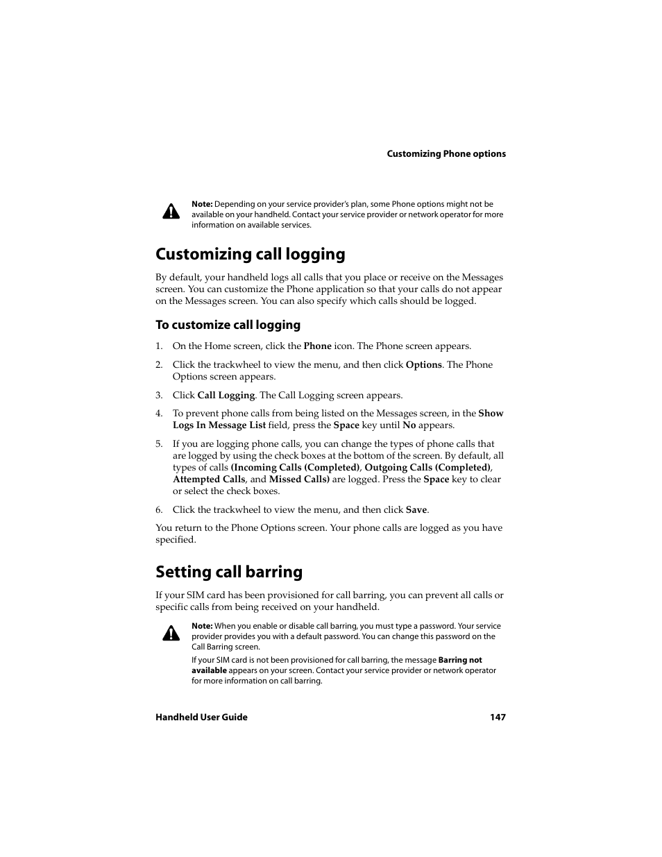Customizing call logging, Setting call barring | Blackberry 6710 User Manual | Page 147 / 309